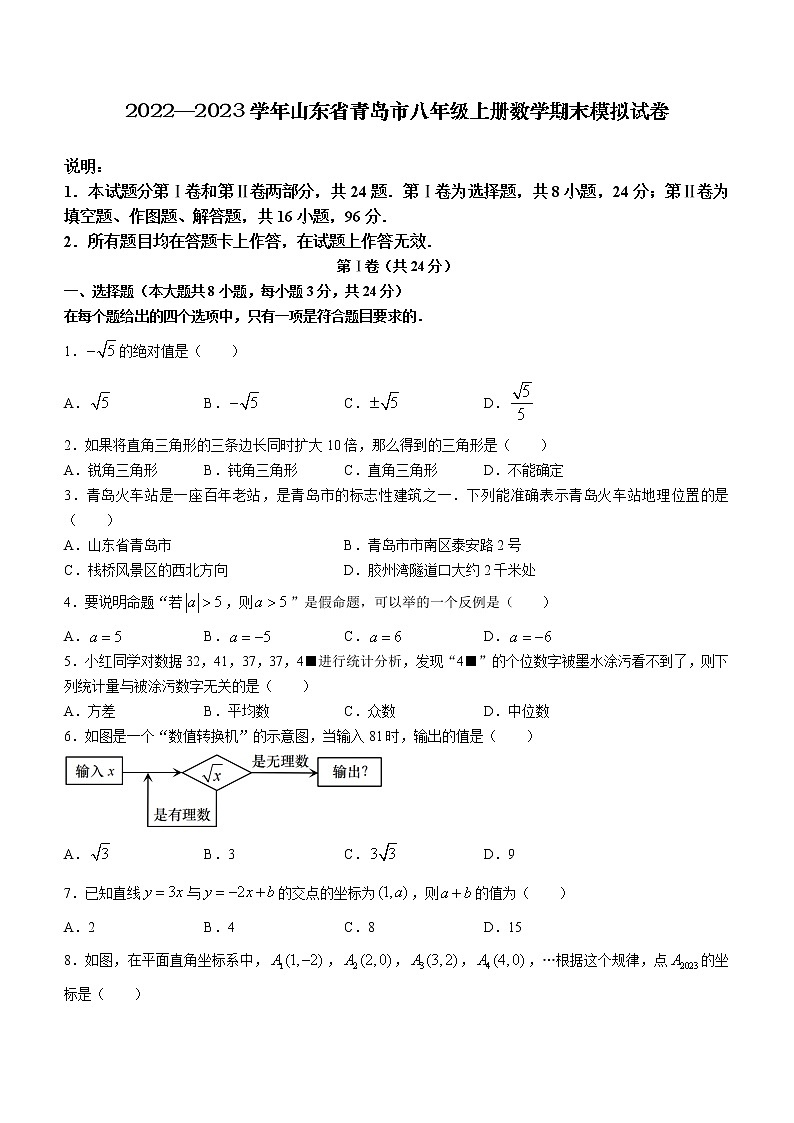 2022—2023学年山东省青岛市八年级上册数学期末模拟试卷（含解析）01