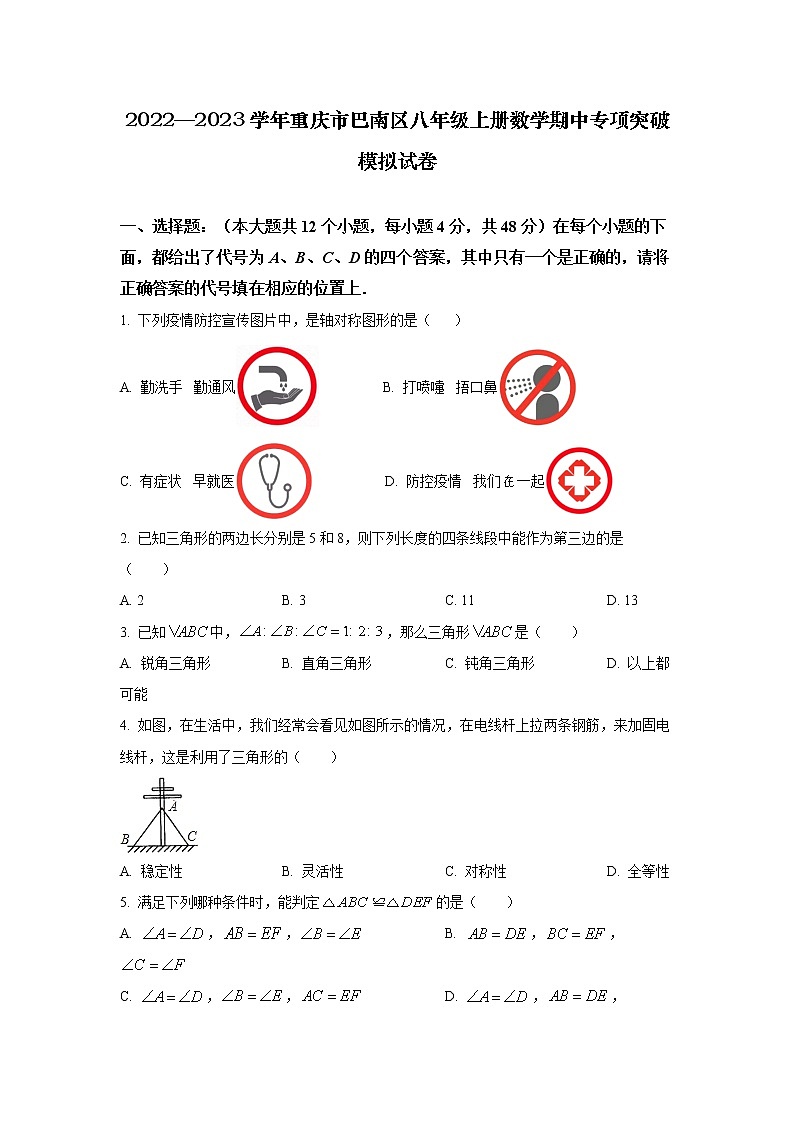 2022—2023学年重庆市巴南区八年级上册数学期中专项突破模拟试卷（含解析）第1页