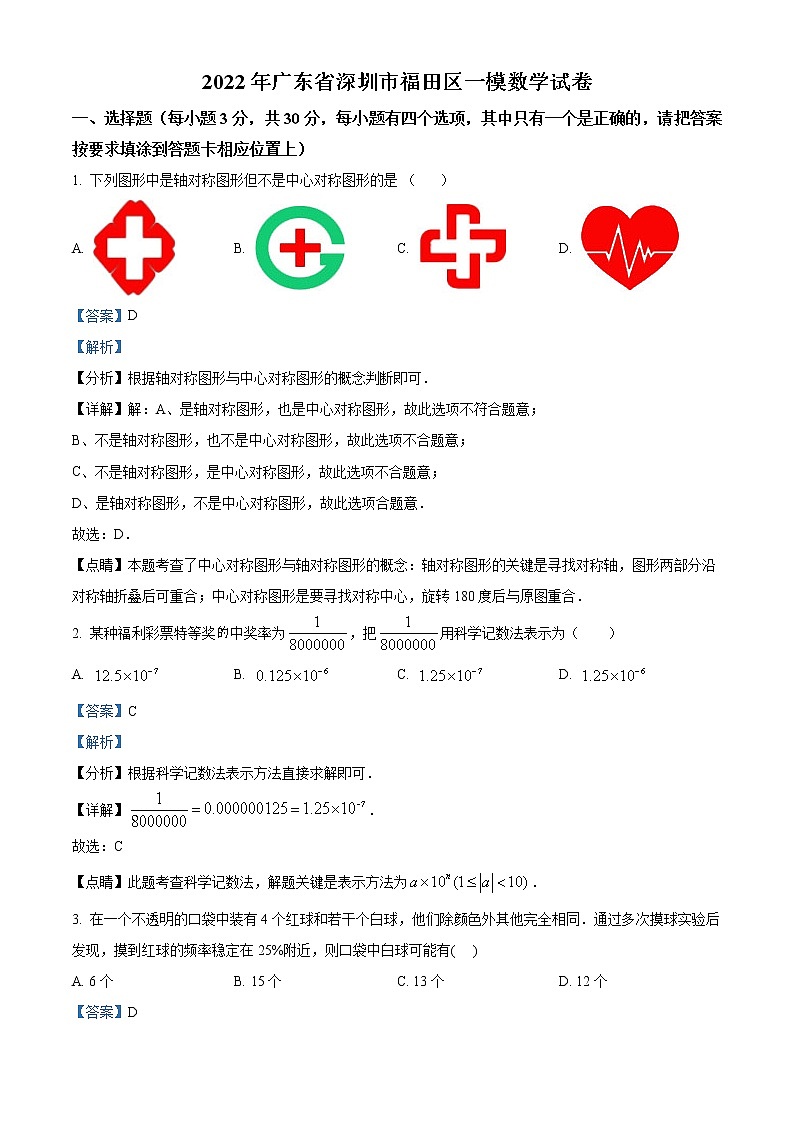 2022年广东省深圳市福田区九年级中考一模数学试卷01