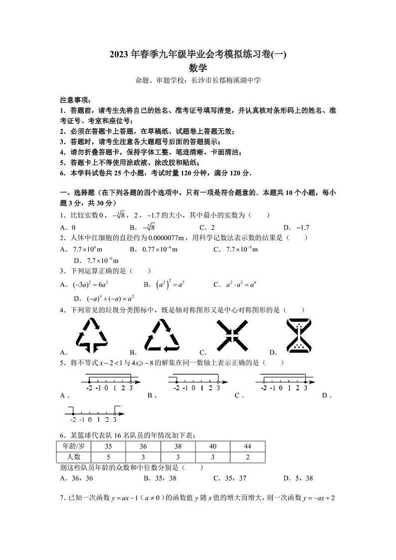 2023年湖南省长郡教育集团九年级毕业会考模拟（一）数学试题无答案第1页