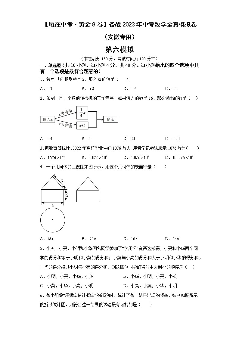 黄金卷06-【赢在中考·黄金8卷】备战2023年中考数学全真模拟卷（安徽专用）原卷版第1页