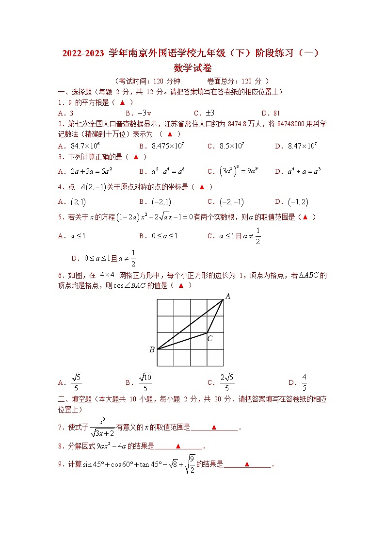 江苏省南京外国语学校2022-2023学年九年级下学期月考阶段练习(一)数学试题01