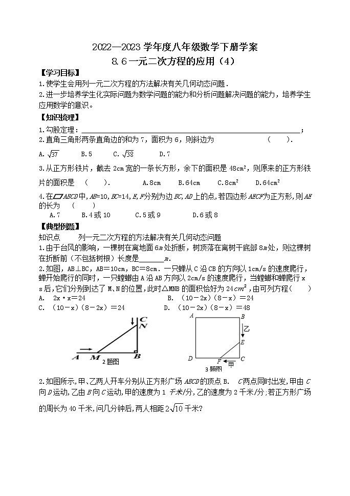 泰山区泰山学院附属中学2023年八年级第二学期8.6一元二次方程的应用（4） 学案01