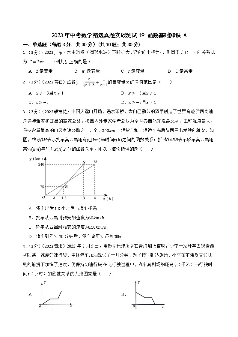 2023年中考数学精选真题实战测试19 函数基础知识 A第1页