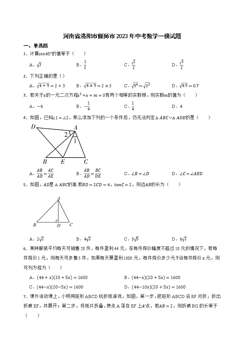 河南省洛阳市偃师市2023年中考数学一模试题第1页