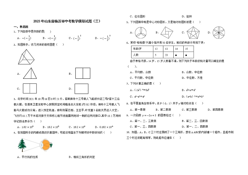 2023年山东省临沂市中考数学模拟试题（三）(含答案)第1页