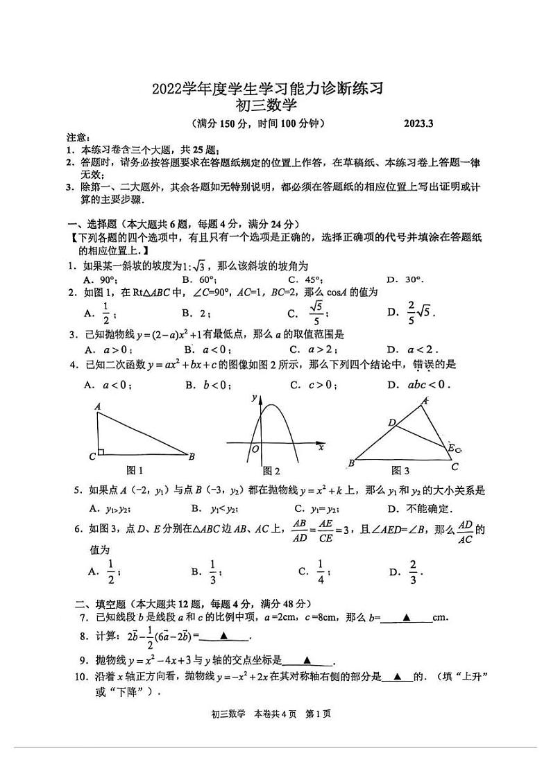 2023虹口区初三数学中考一模试卷含答案01