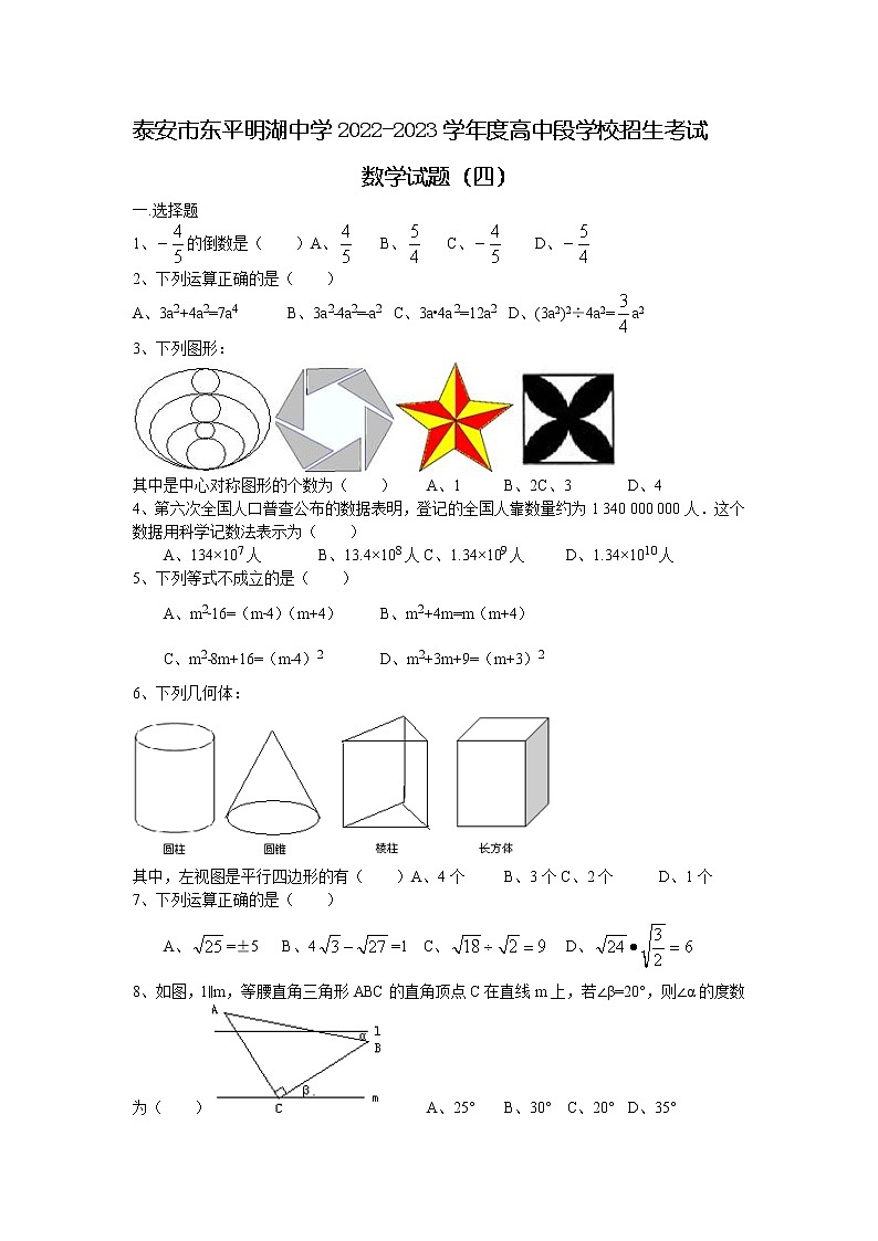 泰安市东平明湖中学2022-2023学年度高中段学校招生考试试题和答案（四）第1页