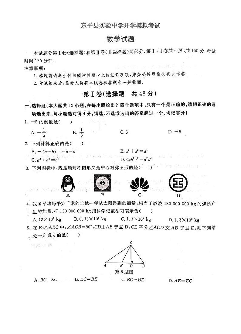 泰安市东平县实验中学2022-2023学年度九年级开学数学模拟考试第1页