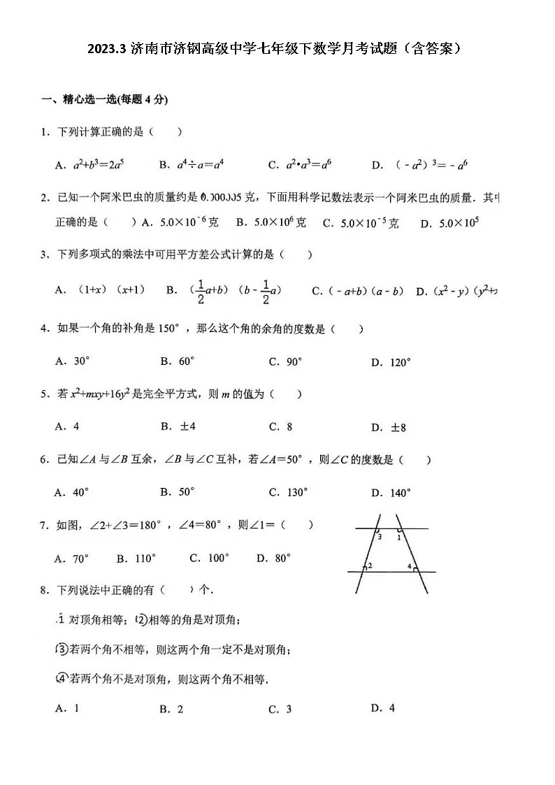 2023.3济南市济钢高级中学七年级下数学月考试题（含答案）第1页