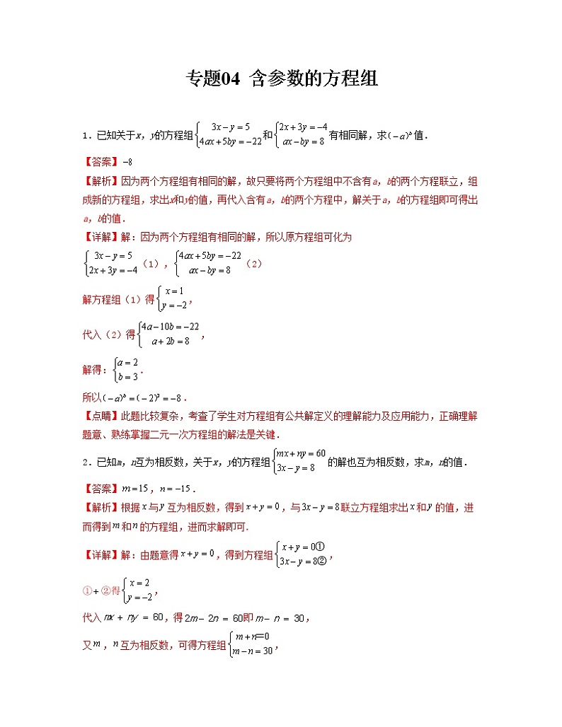 专题 04 含参数的方程组（解析版）第1页