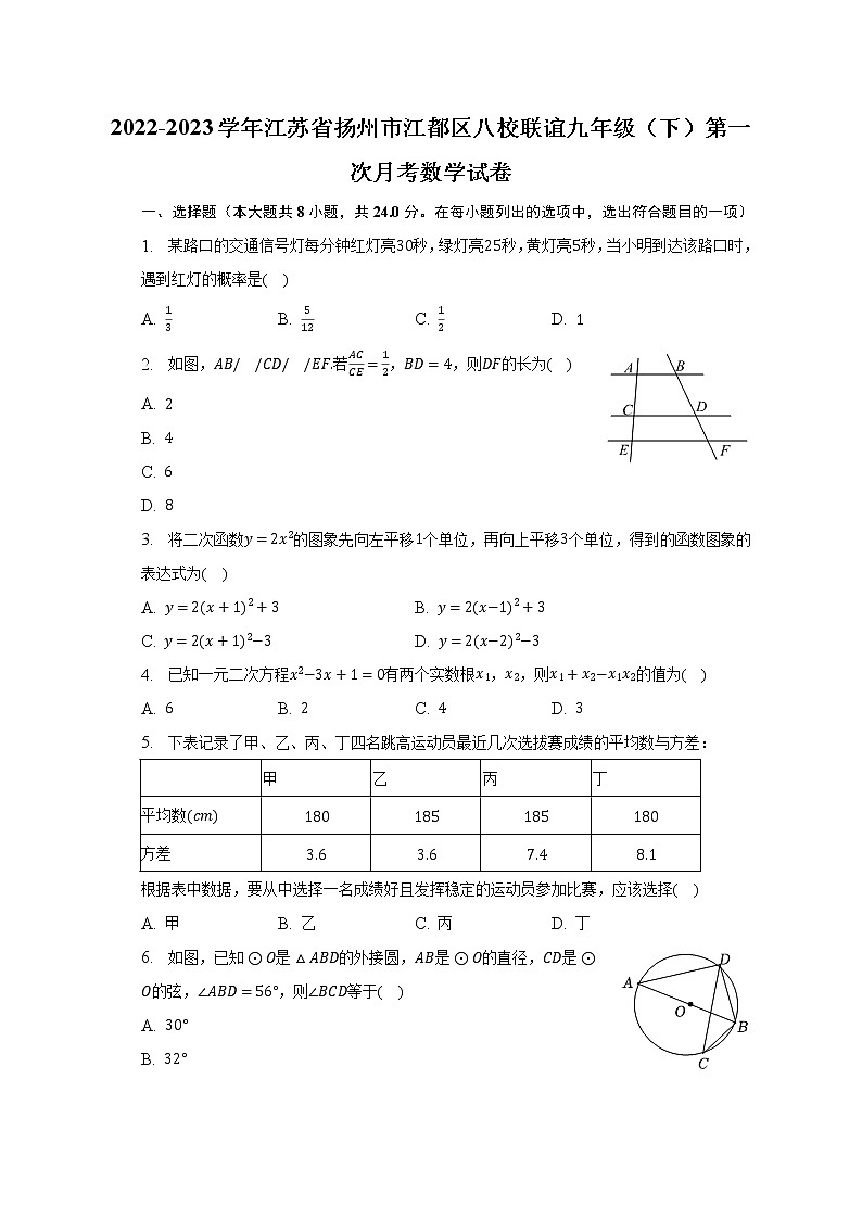 2022-2023学年江苏省扬州市江都区八校联谊九年级（下）第一次月考数学试卷（含解析）第1页