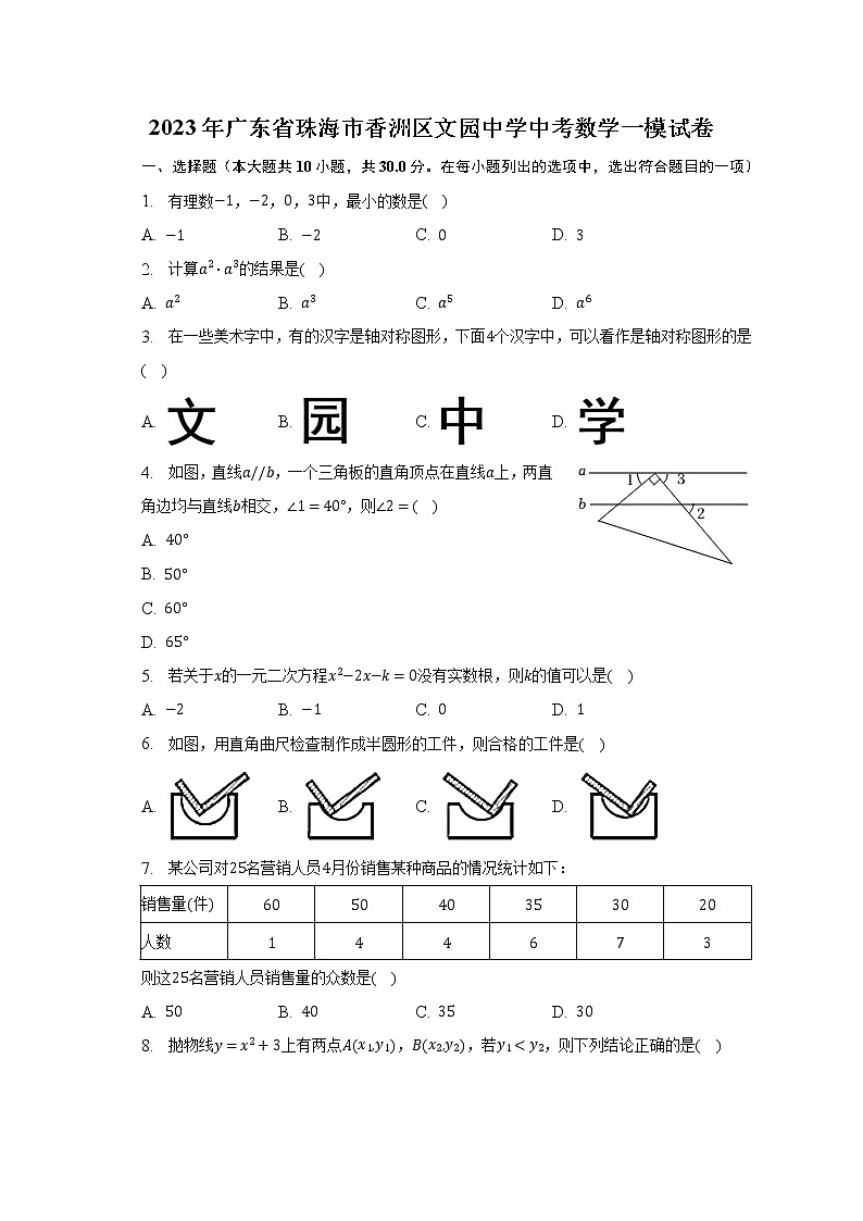 2023年广东省珠海市香洲区文园中学中考数学一模试卷（含解析）01