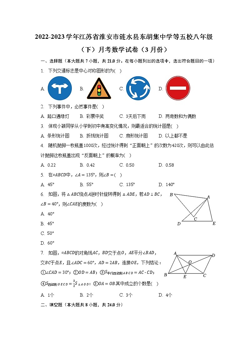 2022-2023学年江苏省淮安市涟水县东胡集中学等五校八年级（下）月考数学试卷（3月份）（含解析）01