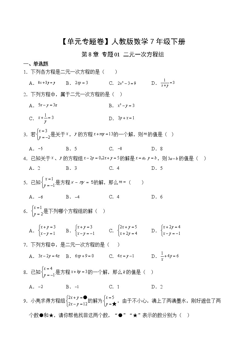 数学人教版7年级下册第8章【单元专题卷】专题01 二元一次方程组第2页