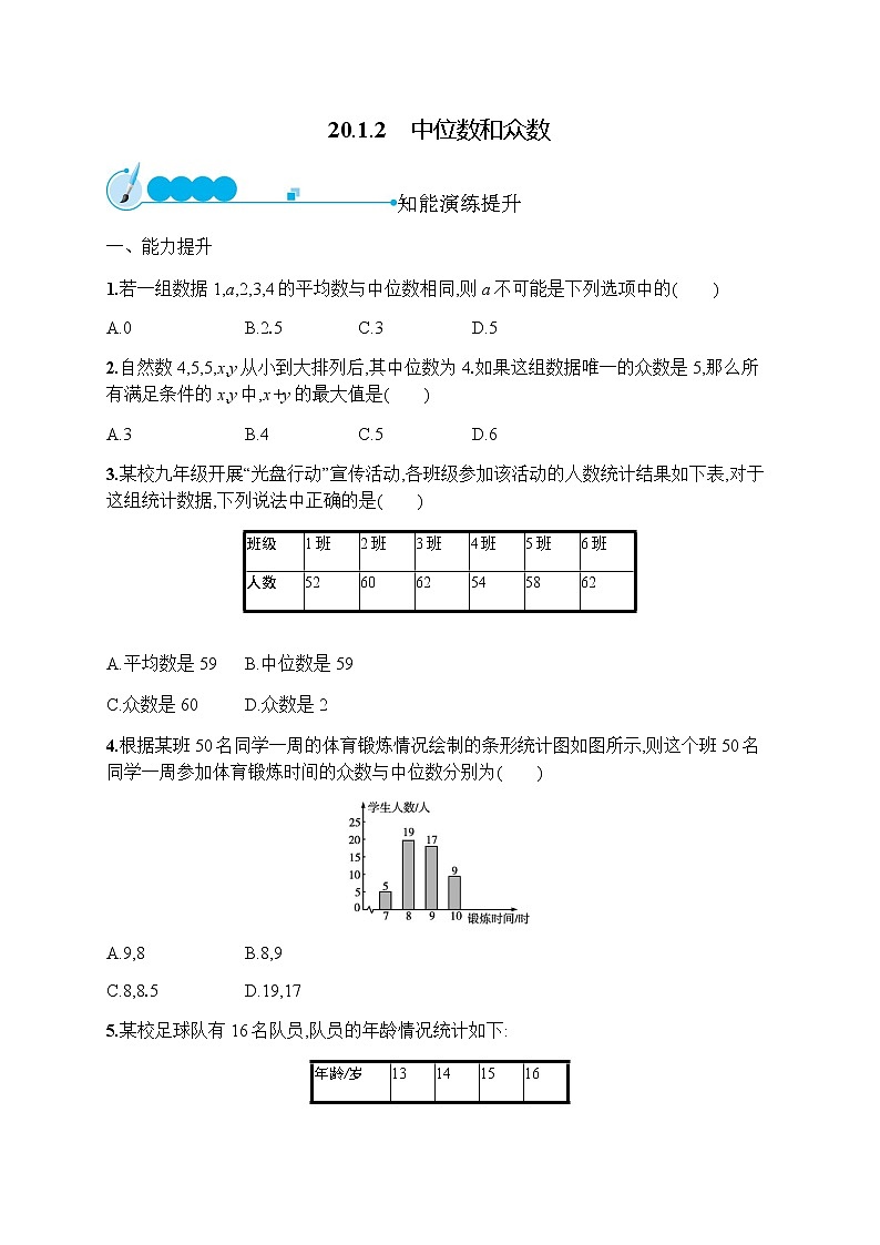 人教版初中数学八年级下册20-1-2中位数和众数习题含答案第1页
