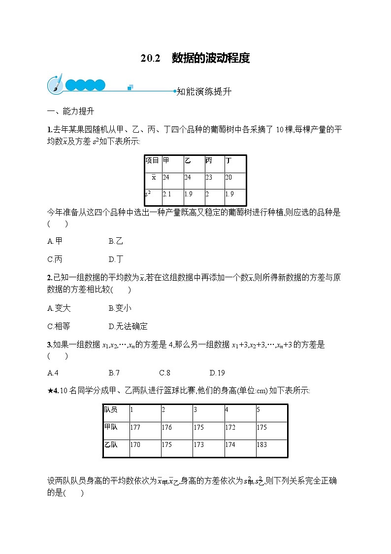 人教版初中数学八年级下册20-2数据的波动程度习题含答案第1页