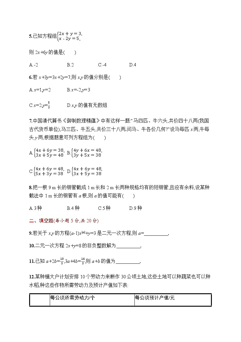 人教版初中数学七年级下册第八章二元一次方程组测评含答案第2页