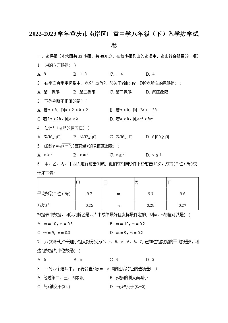 2022-2023学年重庆市南岸区广益中学八年级（下）入学数学试卷（含解析）01