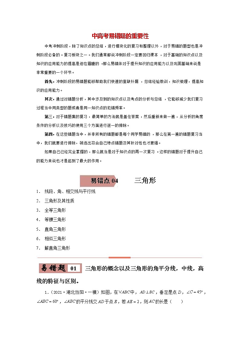 备战中考数学易错题精编  易错点04 三角形 (原卷版)01