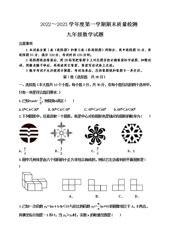 泰安市泰山学院附属中学2022-2023学年度第一学期九年级数学期末试题和答案第1页