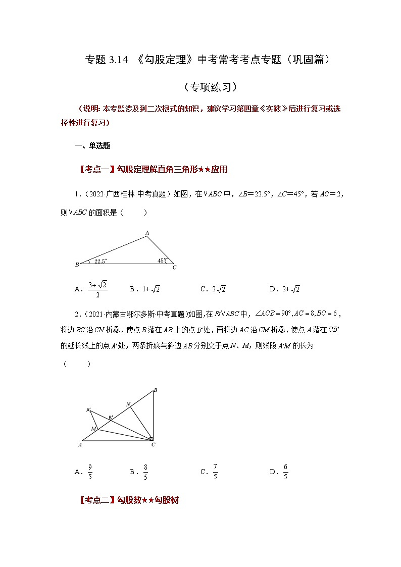 专题3.14 《勾股定理》中考常考考点专题（巩固篇）（专项练习）-八年级数学上册基础知识专项讲练（苏科版）01