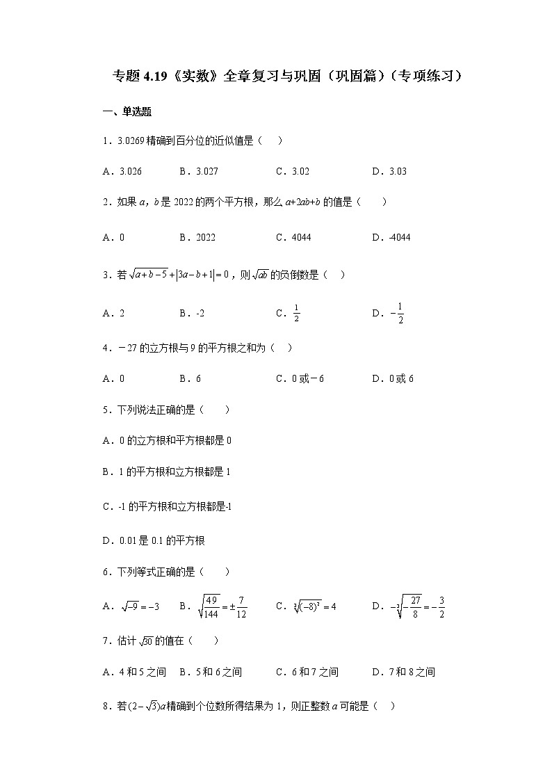 专题4.19 《实数》全章复习与巩固（巩固篇）（专项练习）-八年级数学上册基础知识专项讲练（苏科版）01