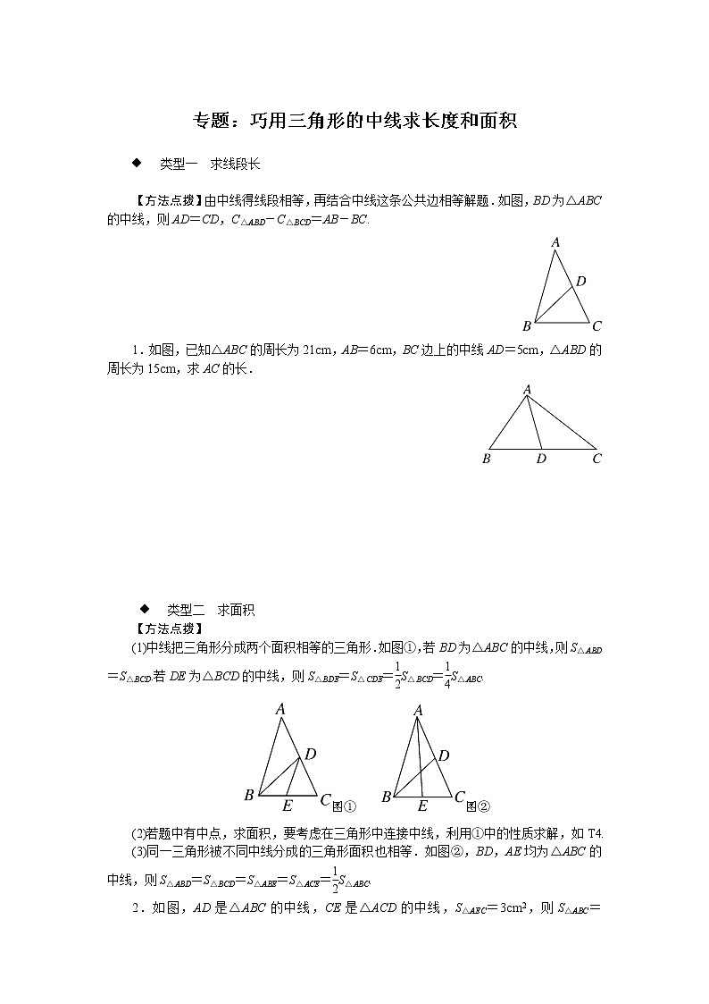 第9章 三角形专题训练：巧用三角形的中线求长度和面积(含答案)第1页