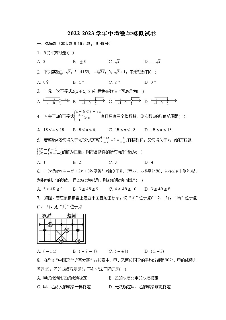 2023年安徽省滁州市定远县青山学校中考数学模拟试卷（含答案）01