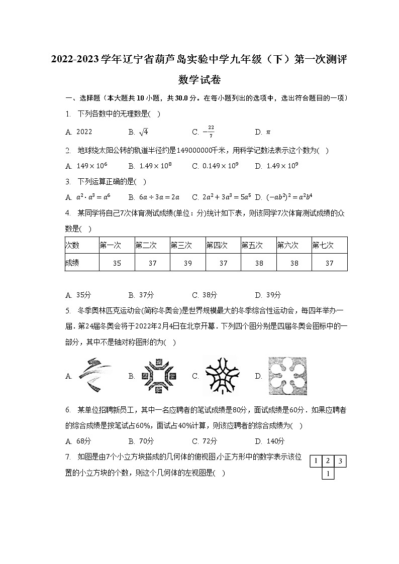 2022-2023学年辽宁省葫芦岛实验中学九年级（下）第一次测评数学试卷（含解析）01