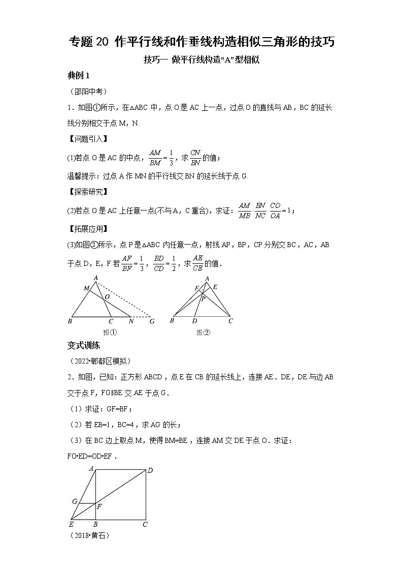 专题20 作平行线和作垂线构造相似三角形的技巧-2023年中考数学二轮专题提升训练第1页