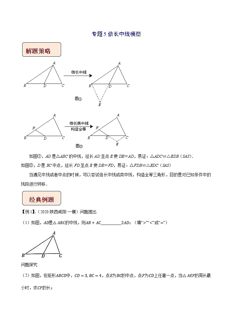 2023年中考数学二轮复习压轴大题培优学案专题5倍长中线模型（教师版）第1页