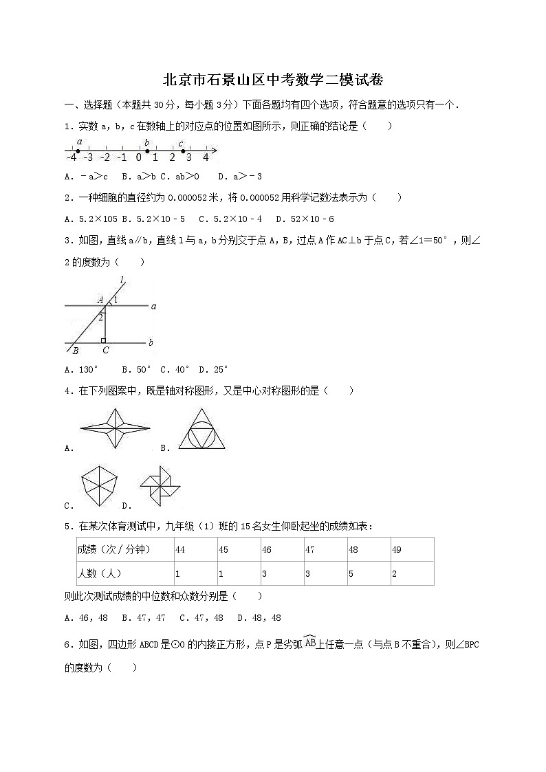 2022年北京市石景山区中考数学二模试卷（教师版）01