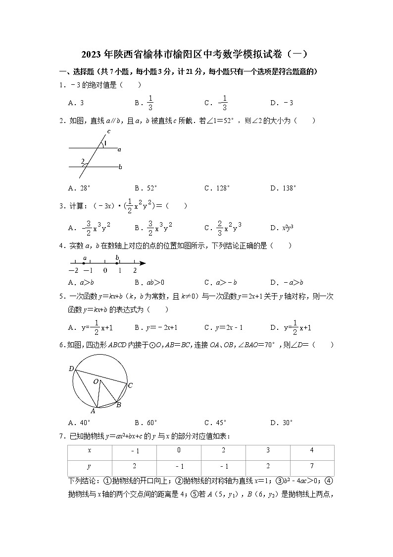 2023年陕西省榆林市榆阳区中考数学模拟卷（一）01