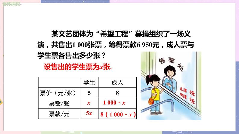 北师大版中学数学七年级上5.5应用一元一次方程 ——“希望工程”义演 教学课件第6页