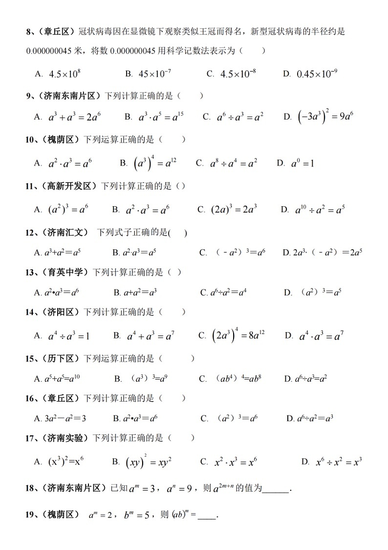 2022济南市七年级下数学期中整式乘除题型汇总（无答案）第2页