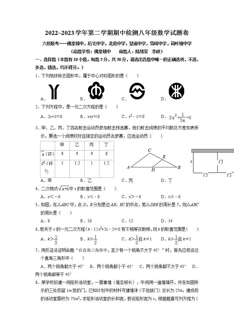 浙江省金华市义乌市六校佛堂镇中、后宅中学、北苑中学联考2022-2023学年八年级下学期期中数学试题01