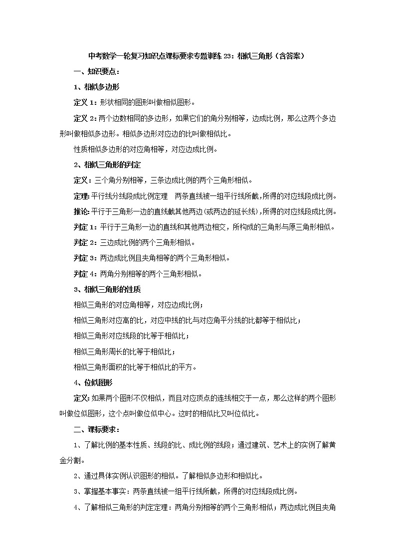 专题训练23：相似三角形 中考数学一轮复习知识点课标要求第1页