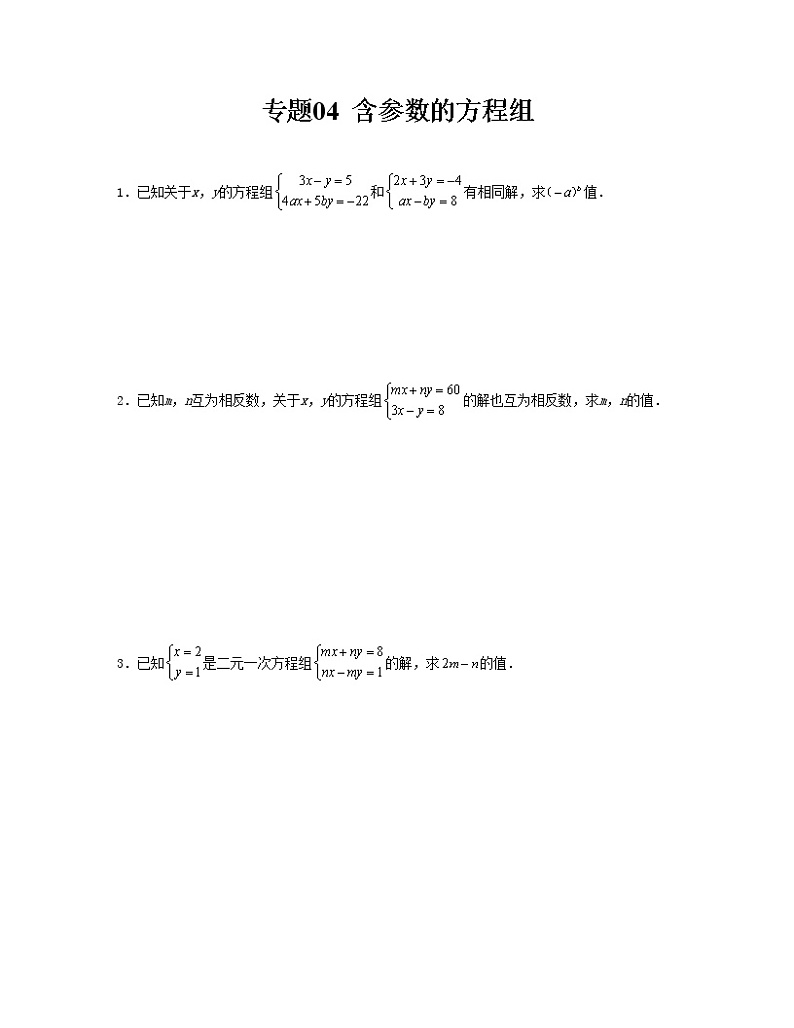 专题 04 含参数的方程组——2022-2023学年人教版数学七年级下册单元综合复习（原卷版+解析版）01
