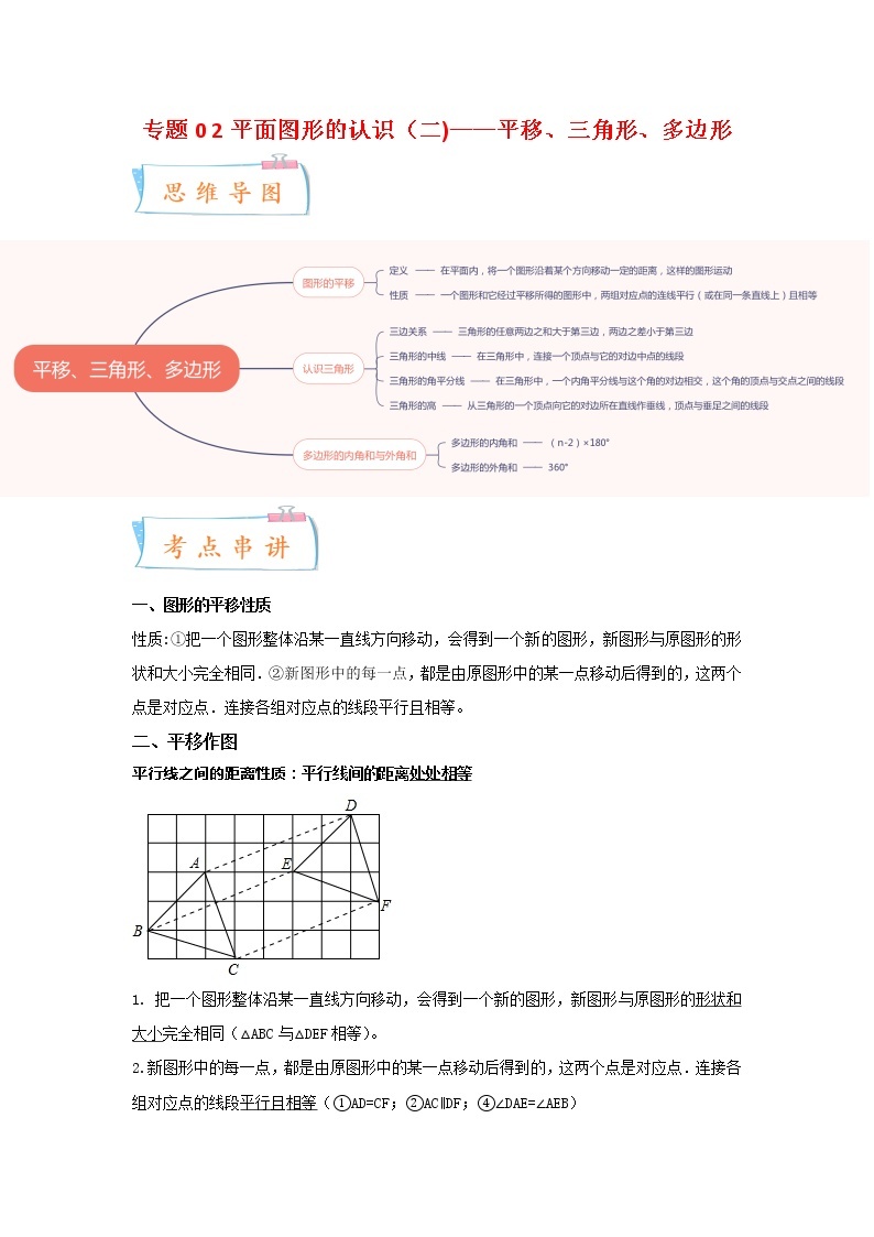 2022-2023年苏科版数学七年级下册专项复习精讲精练：专题02 平面图形的认识（二)平移、三角形、多边形（原卷版 解析版）01