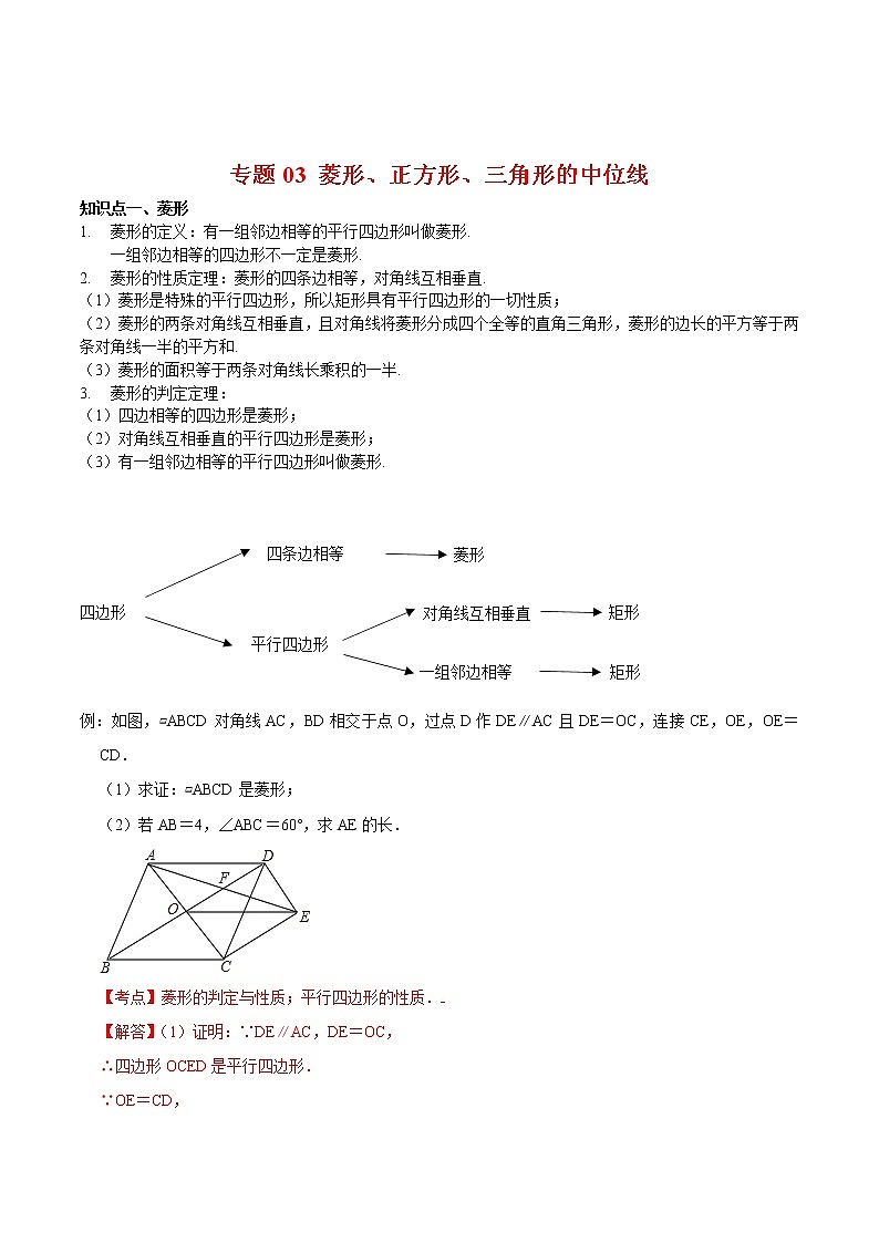 2022-2023年苏科版数学八年级下册专项复习精讲精练：专题03 菱形、正方形、三角形的中位线【考点梳理+专题训练】（原卷版+解析版）01