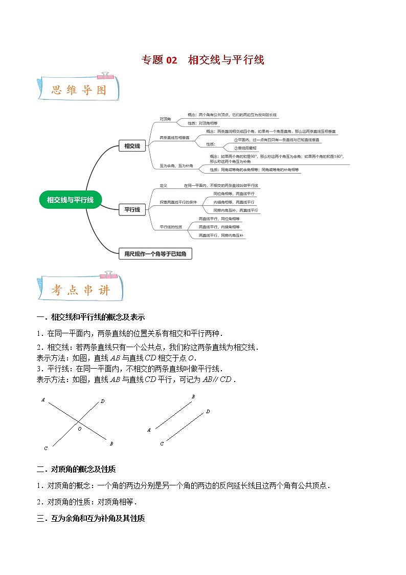 2022-2023年北师大版数学七年级下册专项复习精讲精练：专题02 相交线与平行线（11个考点）【考点串讲+热点题型专训】（原卷版+解析版）01