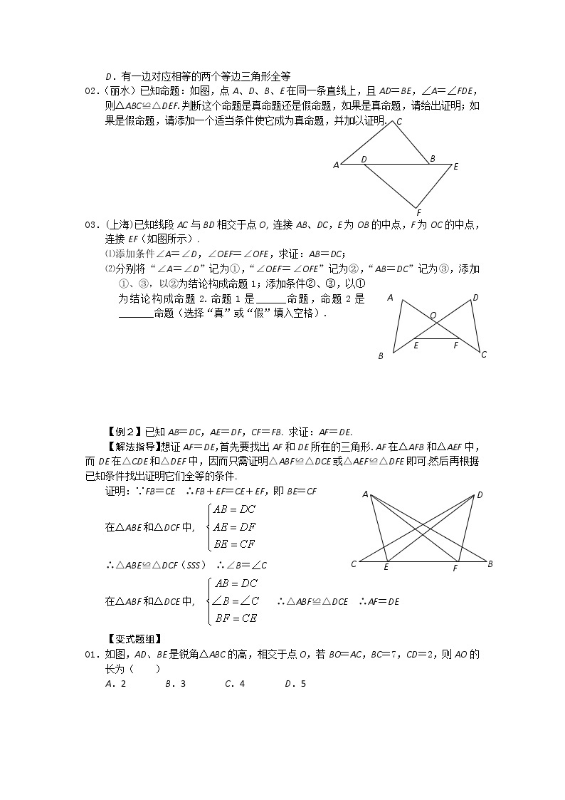 中考数学总复习第1讲  全等三角形的性质与判定难点解析与训练02