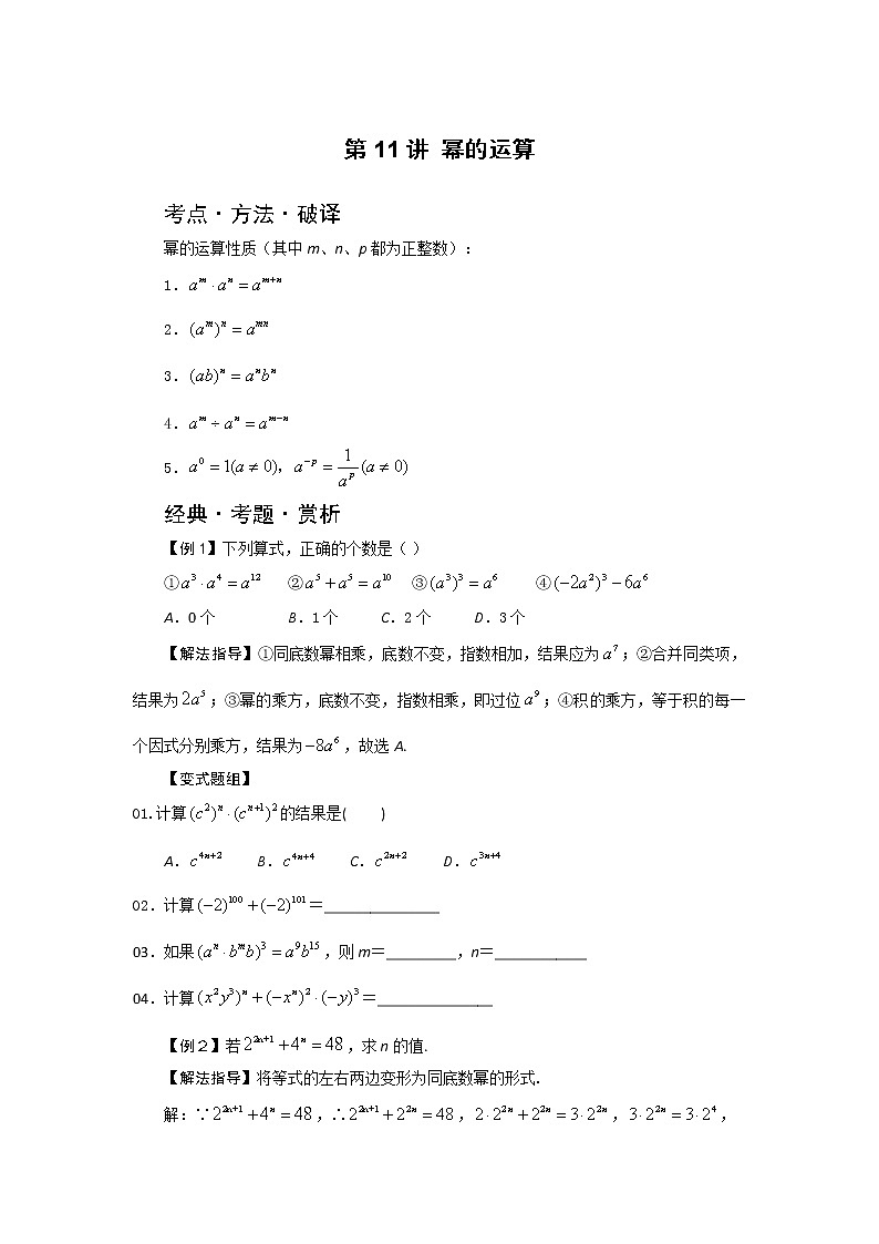 中考数学总复习第11讲 幂的运算难点解析与训练第1页