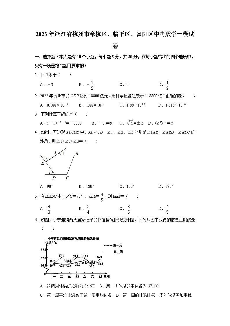 2023年浙江省杭州市余杭区、临平区、富阳区中考数学一模试卷01