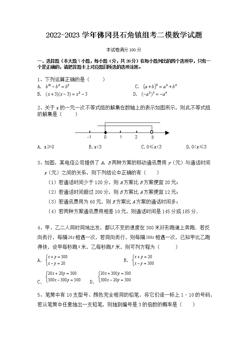 2023年广东省清远市佛冈县石角组考二模数学试题01