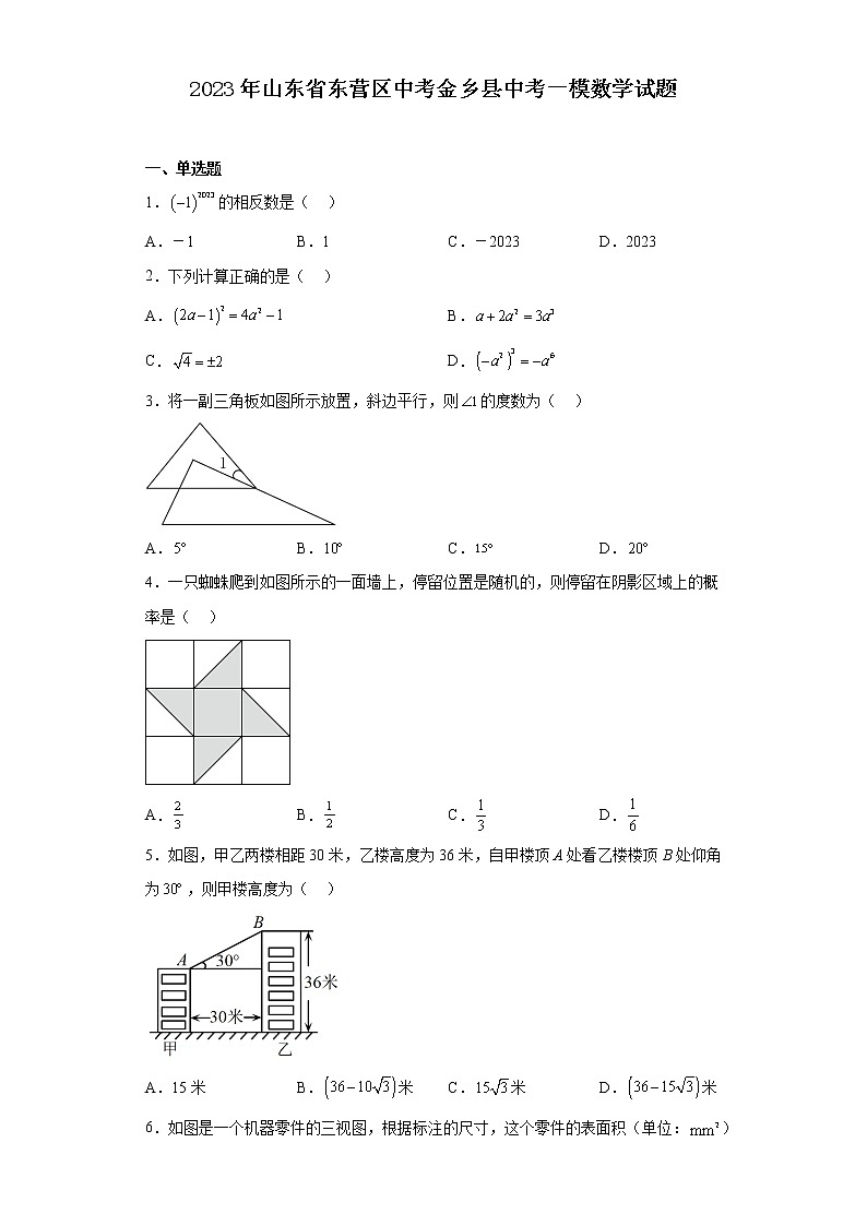 2023年山东省东营区中考金乡县中考一模数学试题(含解析)第1页