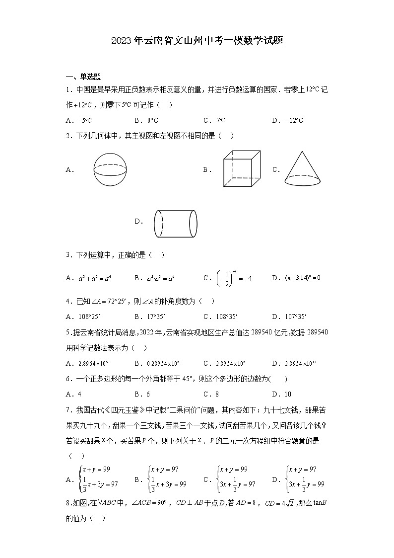 2023年云南省文山州中考一模数学试题(含解析)01
