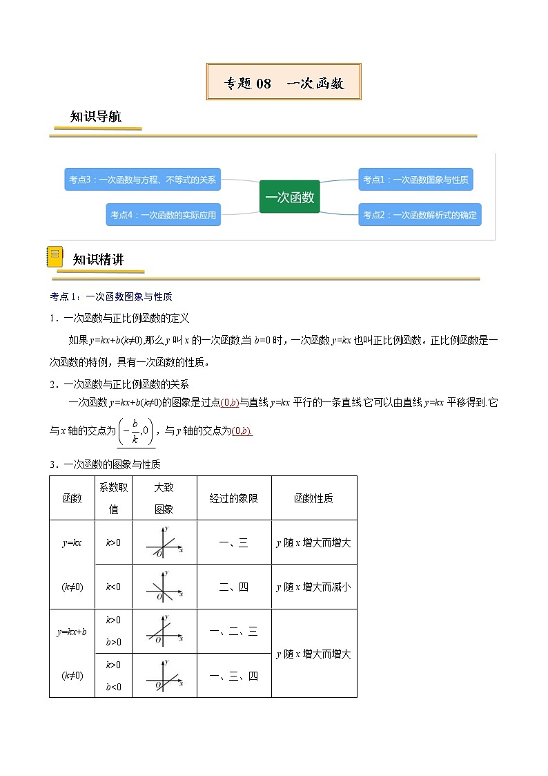 中考数学二轮复习考点精讲专题08  一次函数（教师版）01