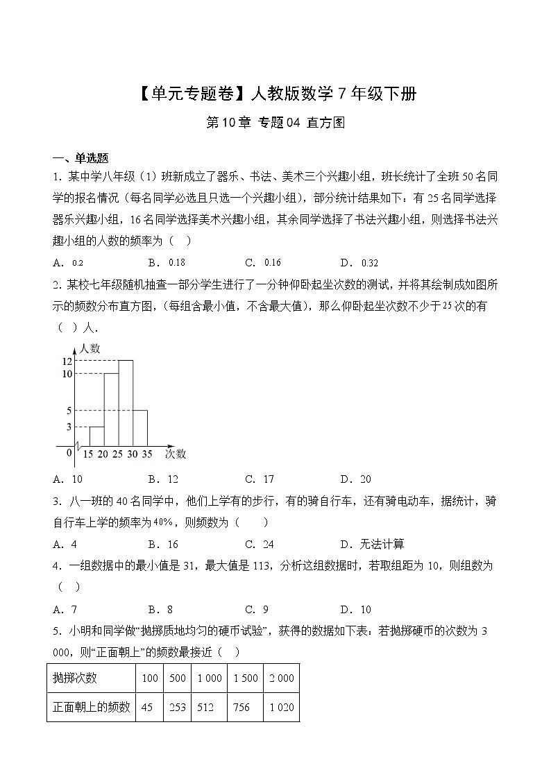 【单元专题卷】人教版数学7年级下册第10章·专题04 直方图02